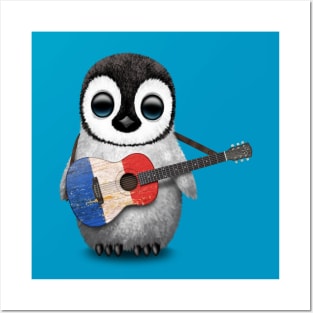 Baby Penguin Playing French Flag Guitar Posters and Art